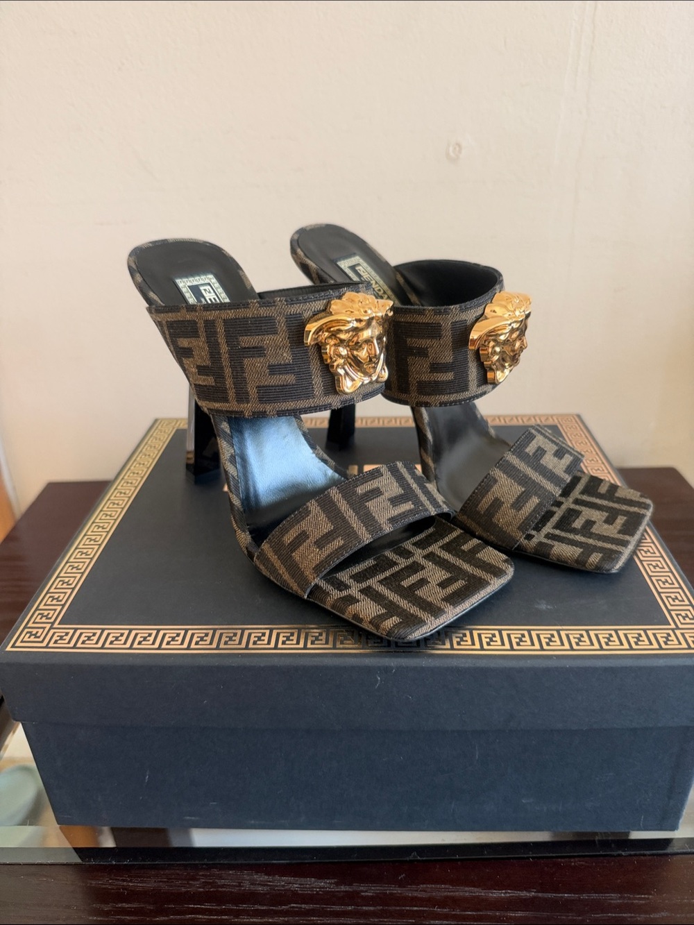 Fendi Brown FF Logo Heeled Slides with Gold Medallion